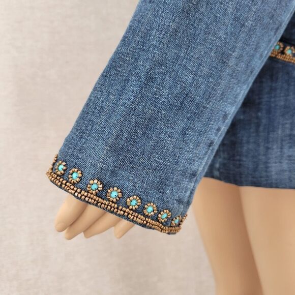 Chico's Denim Jacket with Turquoise and Bronze Color Beading Western Boho - Picture 8 of 12